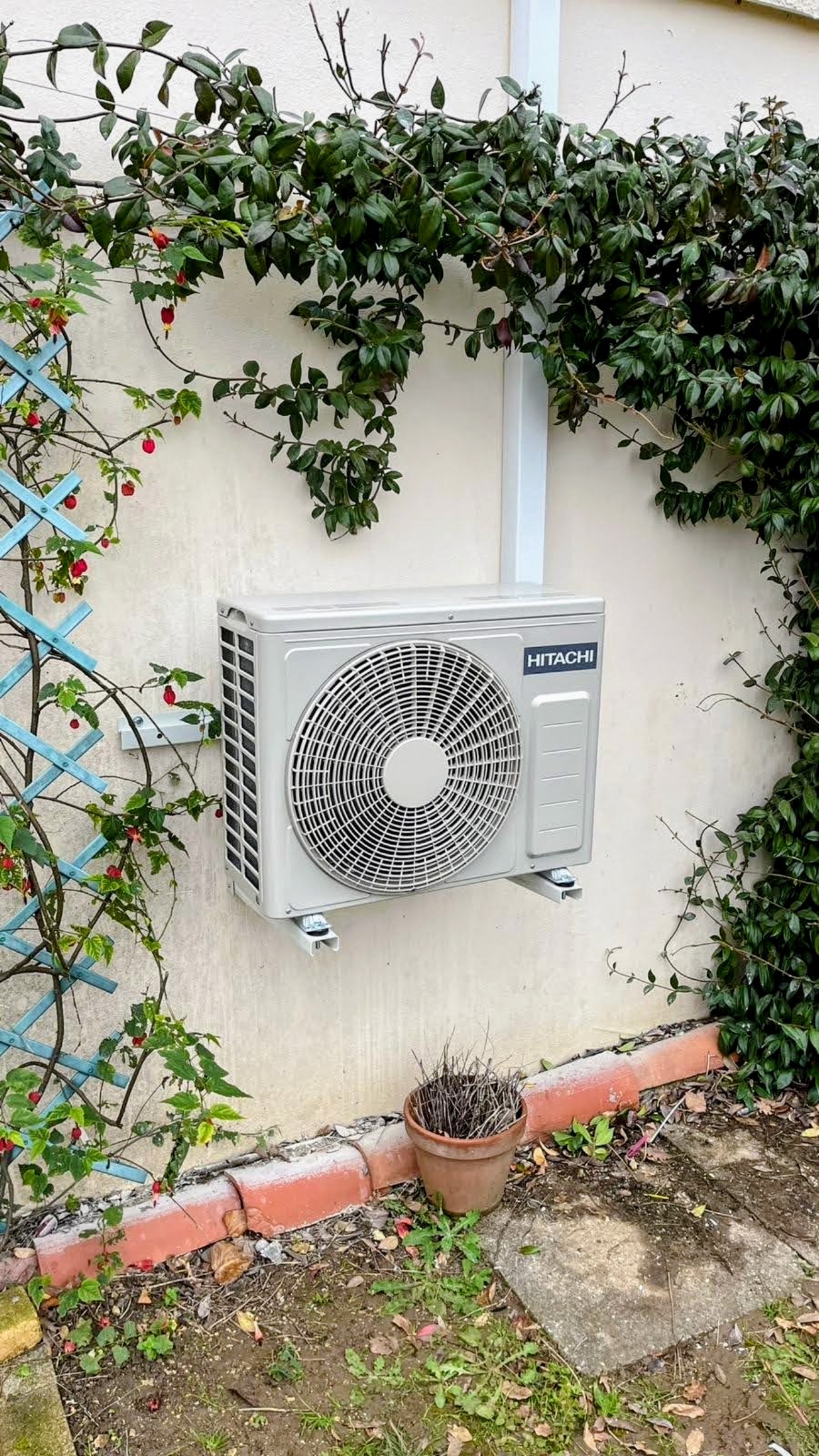 Unité extérieure de climatisation Hitachi fixée sur un mur de façade clair, encadrée par un rosier grimpant et un treillage