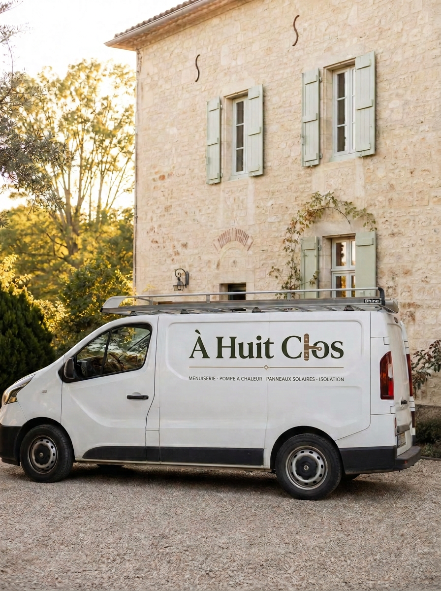 Véhicule aux couleurs d'À Huit Clos devant un chantier